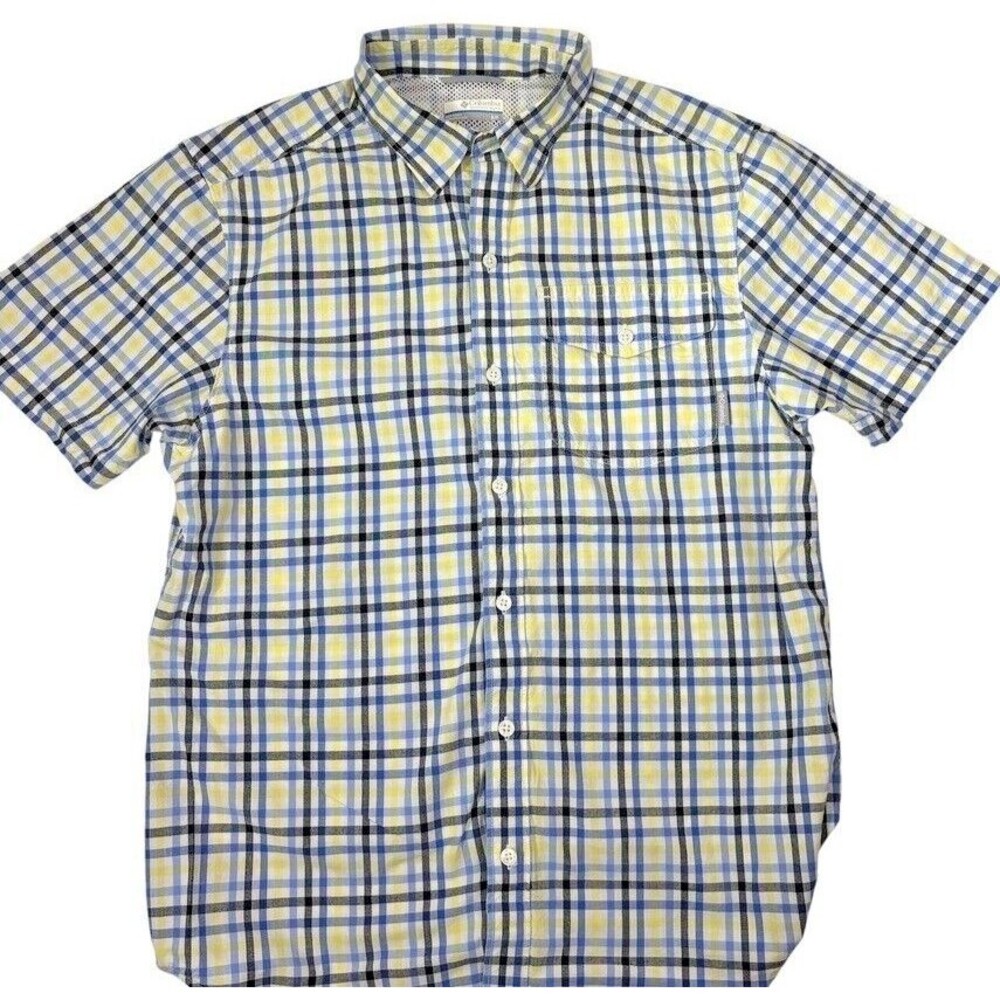 Columbia Plaid Cotton SS Button Pocket Shirt Yellow Blue Outdoor Preppy SMALL
